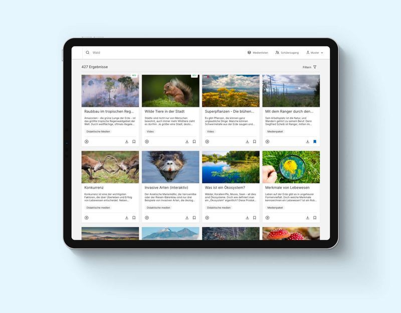 Produktansicht einer Edupool-Mediathek mit Suche und Unterrichtsmedien